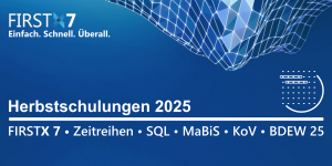 Herbstschulungen 2025 – Teaser von Klafka & Hinz: FIRSTX 7, Zeitreihen, SQL, MaBiS, KoV und BDEW 25 auf blauem Hintergrund.